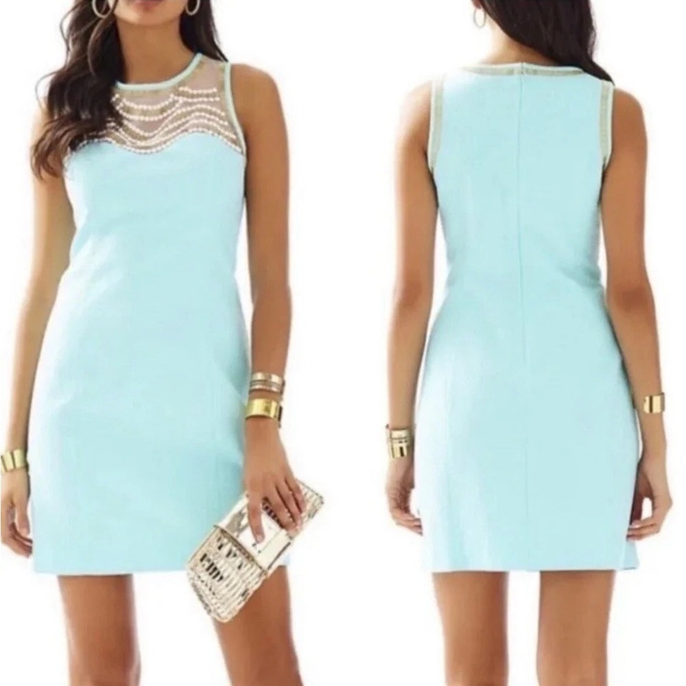 Lilly Pulitzer Size 4 TIA POOL Light Blue Beaded Sleeveless Dress Cruise Wear